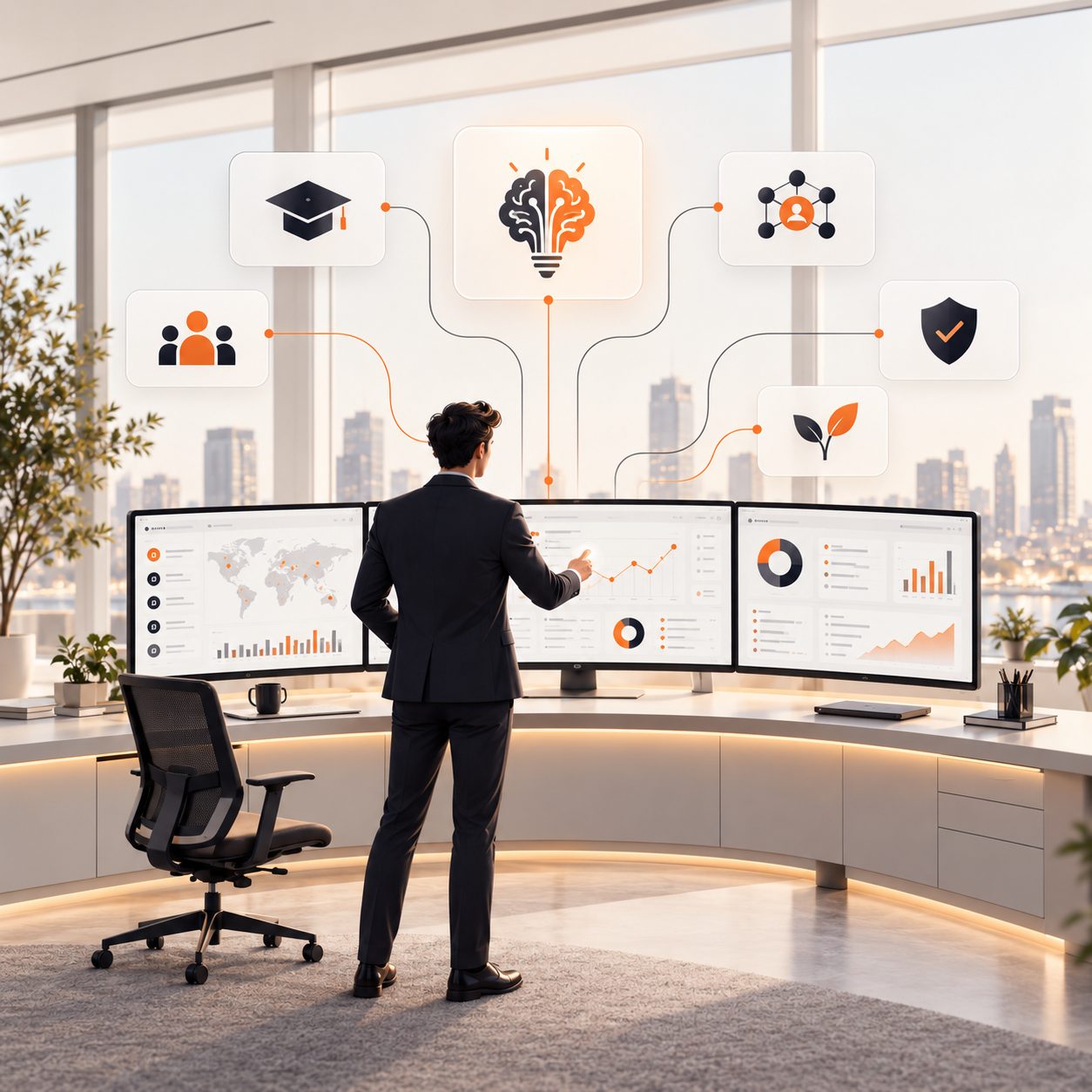 A professional in a dark suit stands at a curved desk of dashboard monitors, pointing at a chart, with linked icons for community, learning, intelligence, identity, trust and growth above a city view